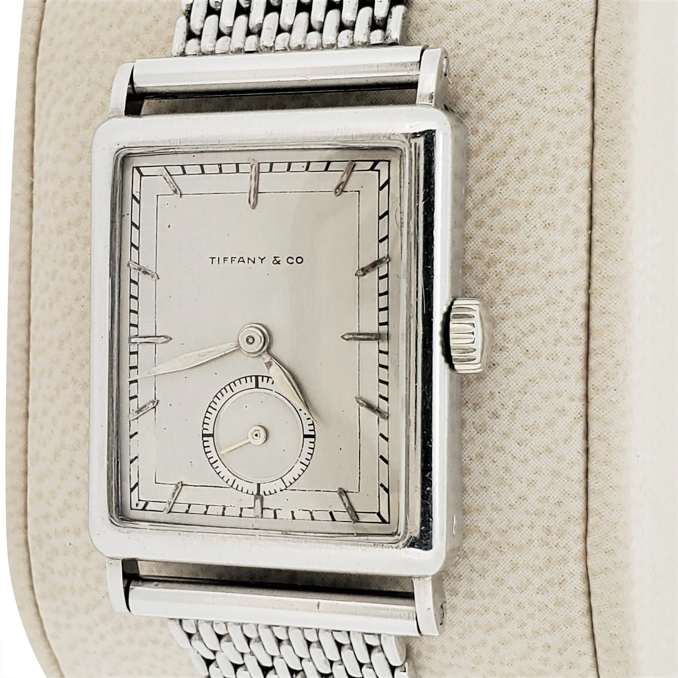 Patek Philippe Tiffany & Co. Early Platinum Art Deco Rectangular Tank style watch circa 1930's