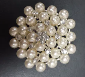 Pearl Silver Diamond Rhinestone Brooch 2.15"