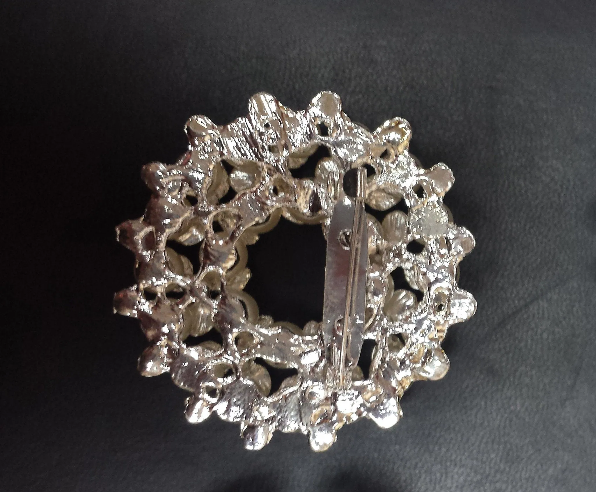 Pearl Silver Diamond Rhinestone Brooch 2.15"