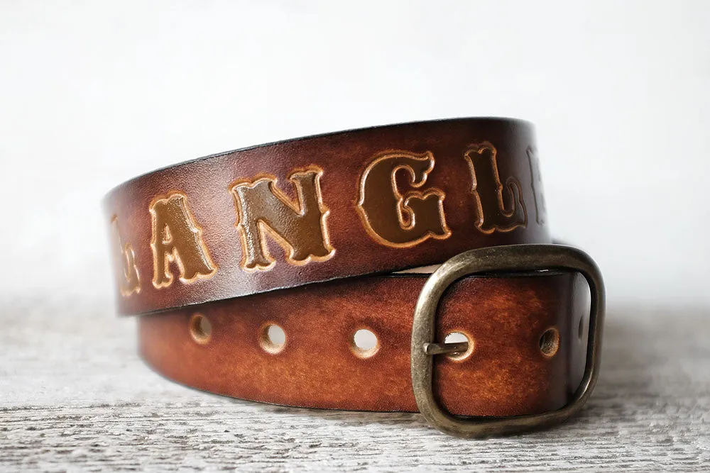 Personalized Leather Belt in Antiqued Sunburst Brown