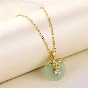 Petite Natural Hetian Round Jade CZ Flower Pendant Necklace