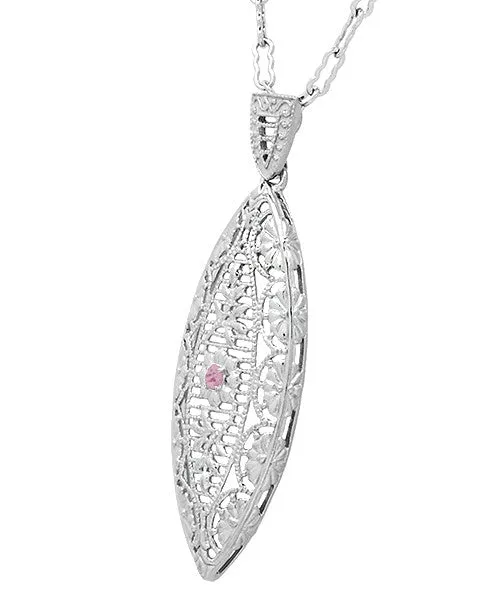 Pink Sapphire Dangling Leaf Art Deco Filigree Necklace In Sterling Silver