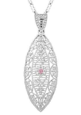 Pink Sapphire Dangling Leaf Art Deco Filigree Necklace In Sterling Silver