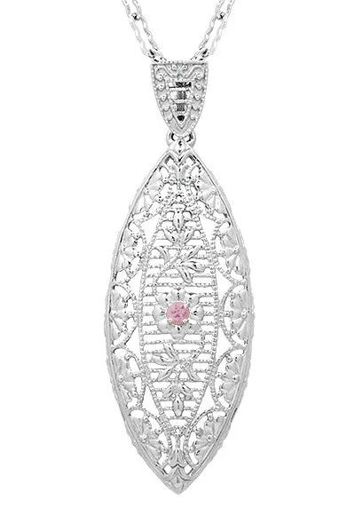 Pink Sapphire Dangling Leaf Art Deco Filigree Necklace In Sterling Silver