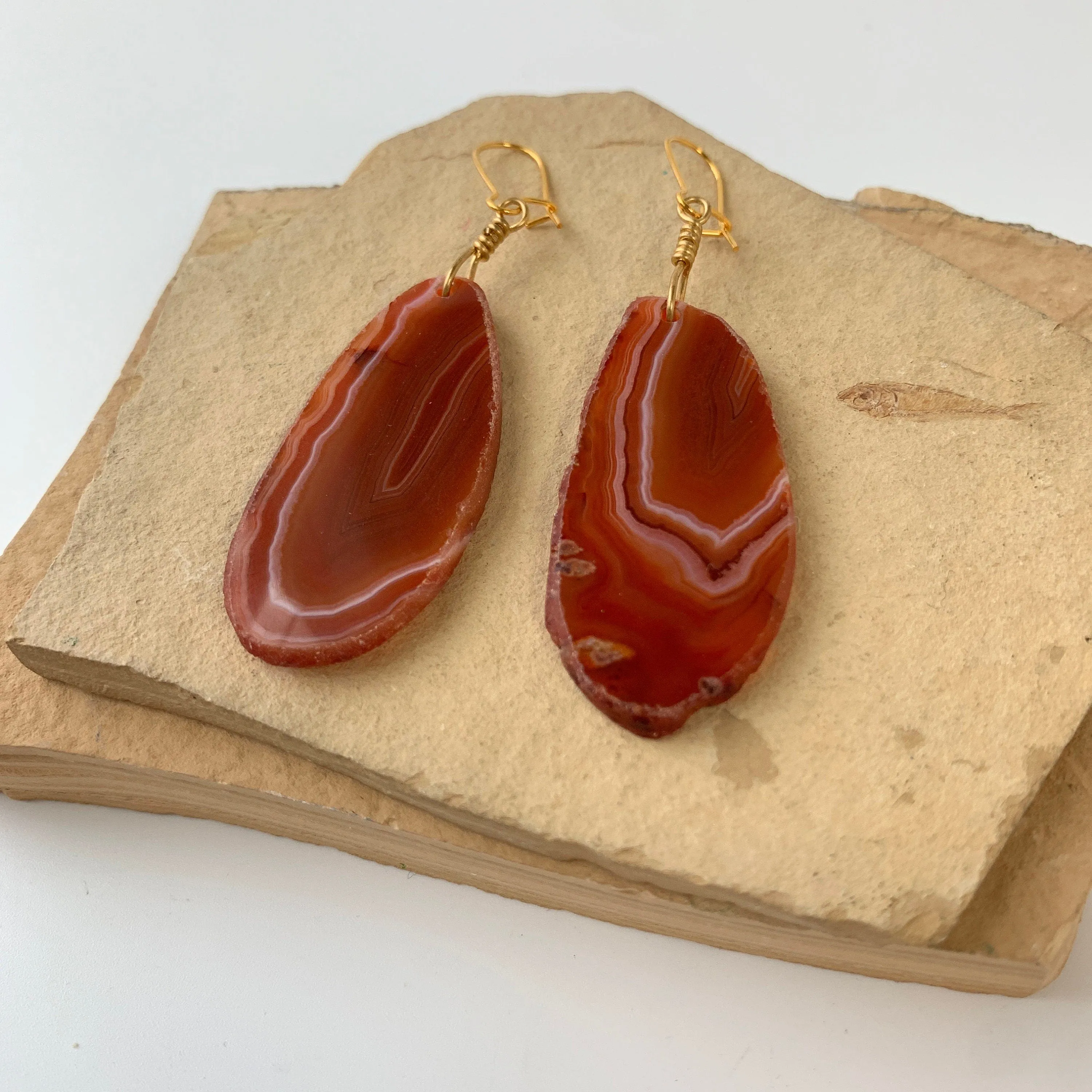 Polished Agate Slice Drop Earrings in Rust