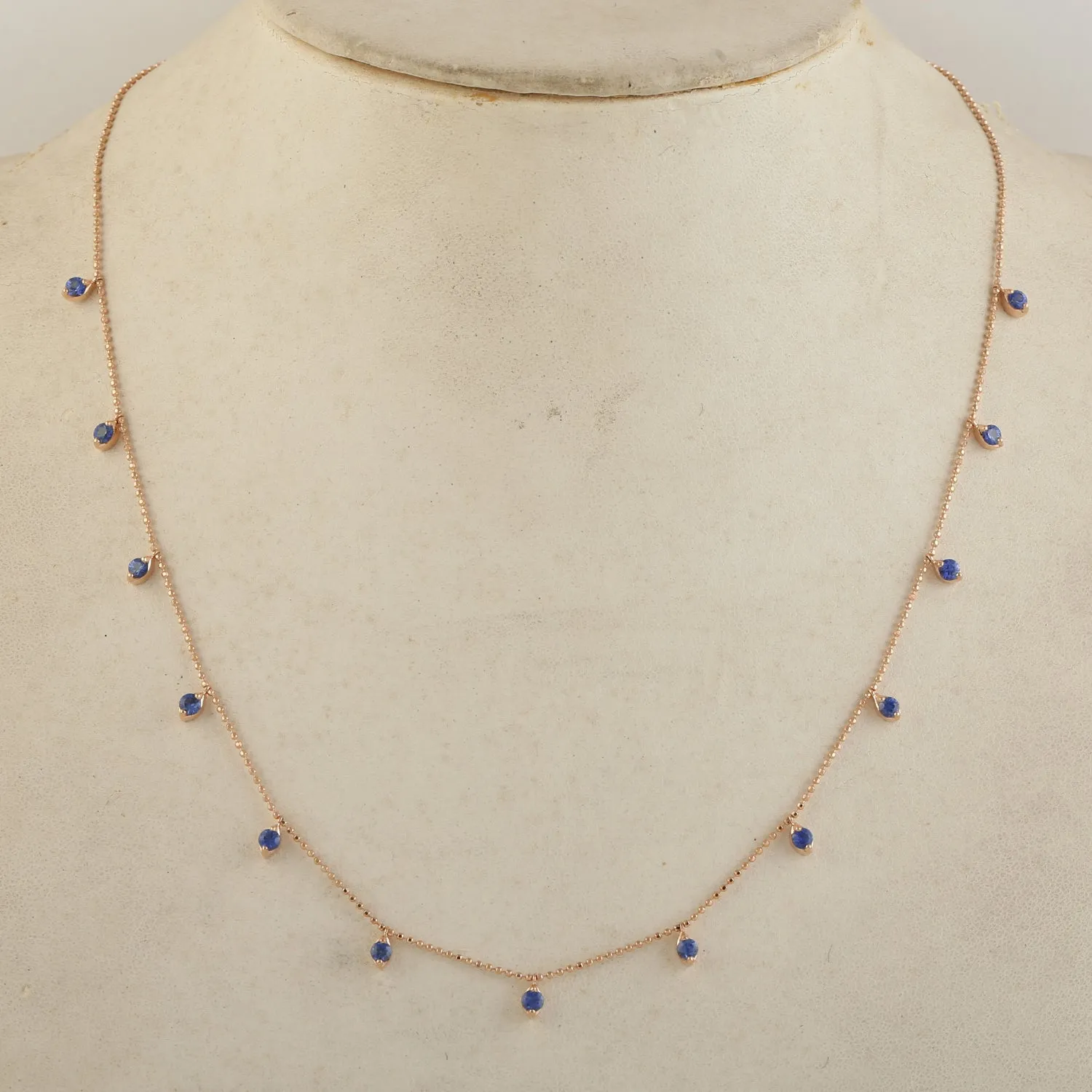 Prong Set Blue Sapphire Dot Chain Necklace Jewelry In 18k Rose Gold For Her