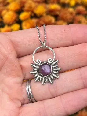 Purple Sapphire Hexagon Sunburst Pendant