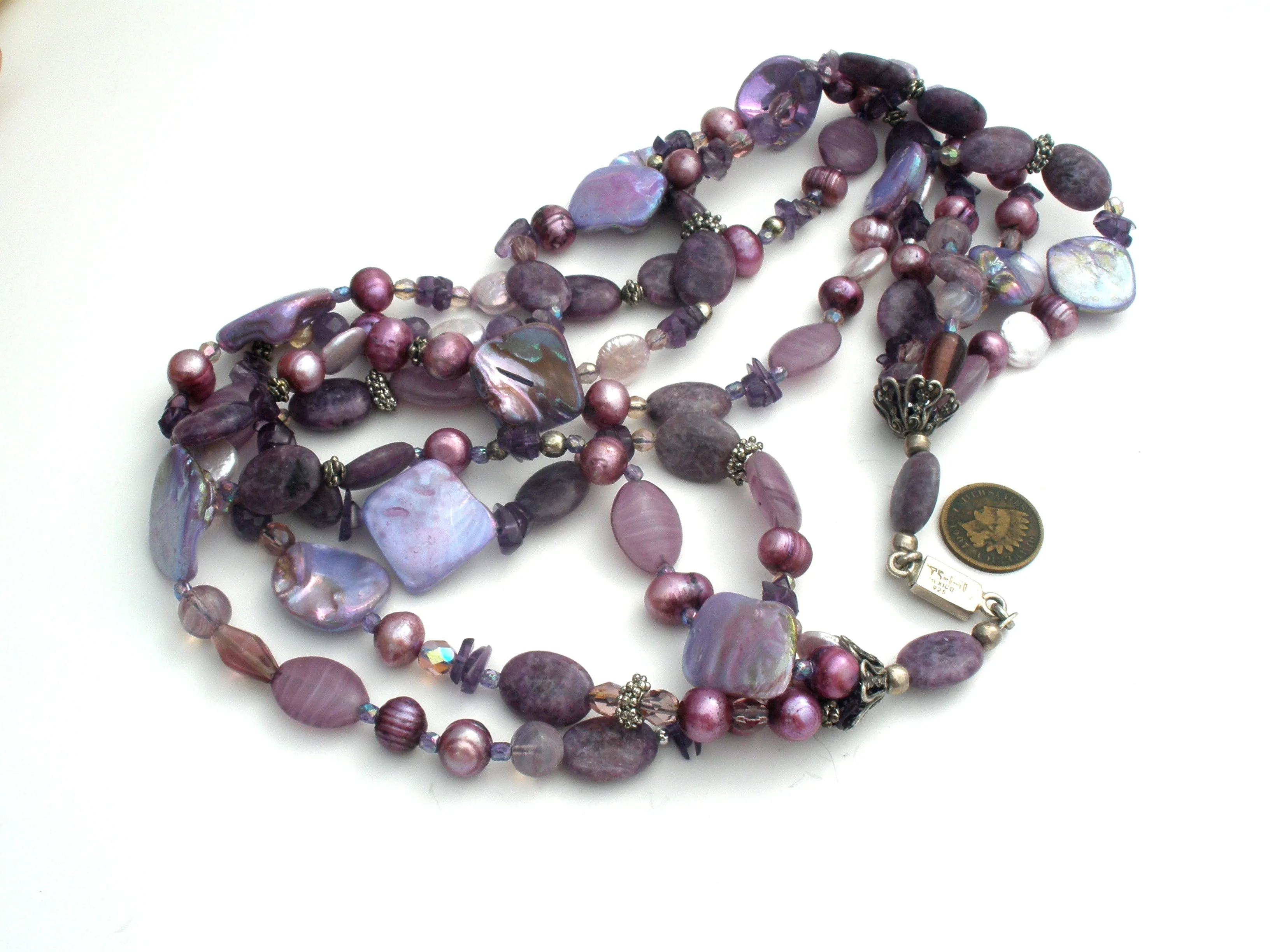 Purple Shell Amethyst Agate Pearl Sterling Necklace