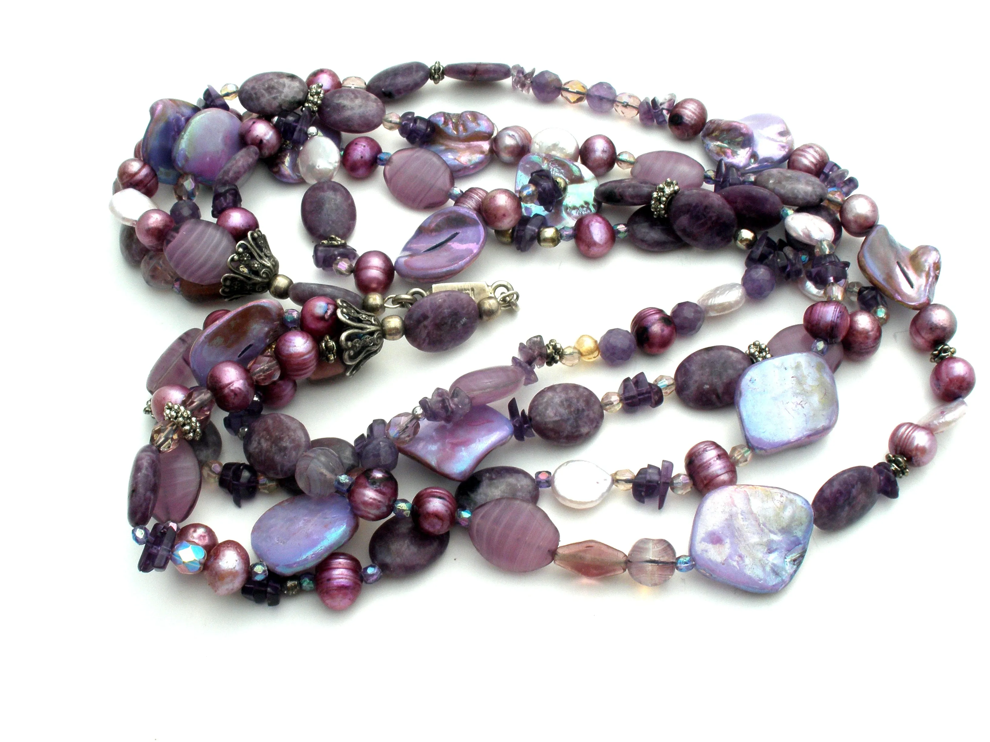 Purple Shell Amethyst Agate Pearl Sterling Necklace