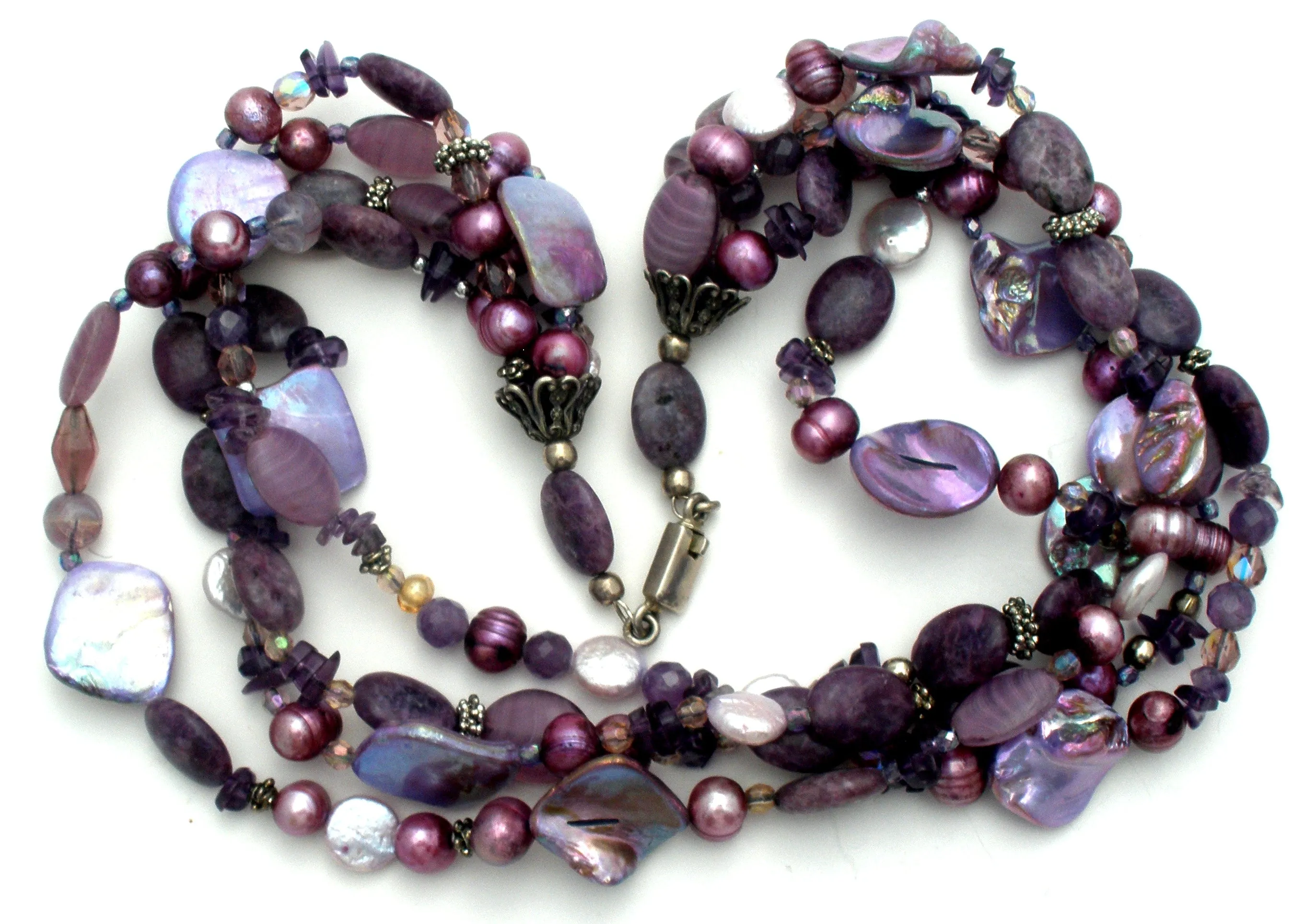 Purple Shell Amethyst Agate Pearl Sterling Necklace