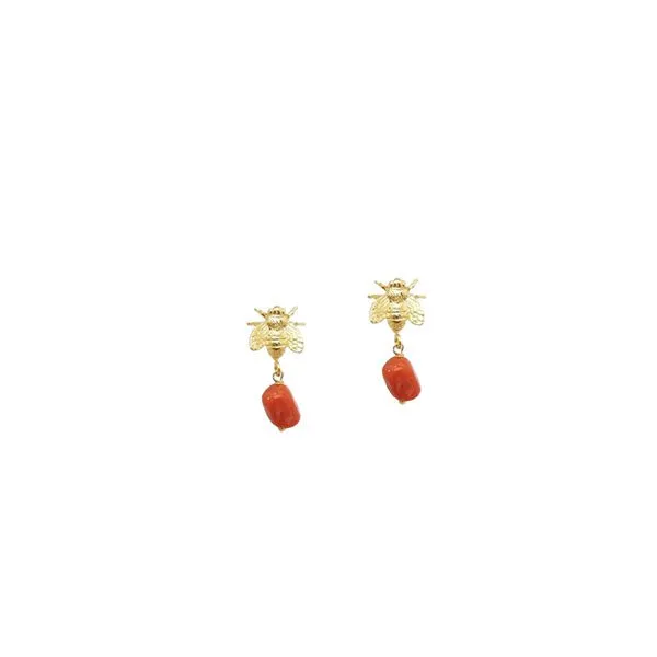 Queen Bee Earrings Coral Stones Gold Plated