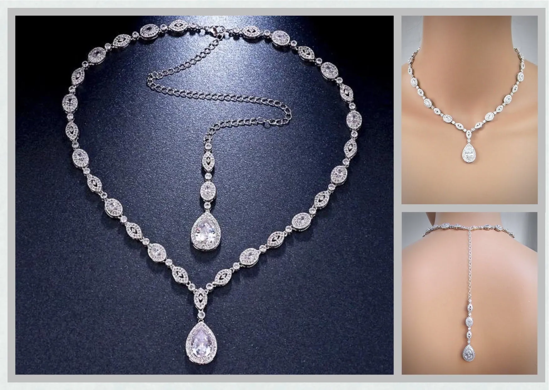 "Alexa" - Cubic Zirconia Bridal Backdrop Necklace - Available in Silver and Rose Gold