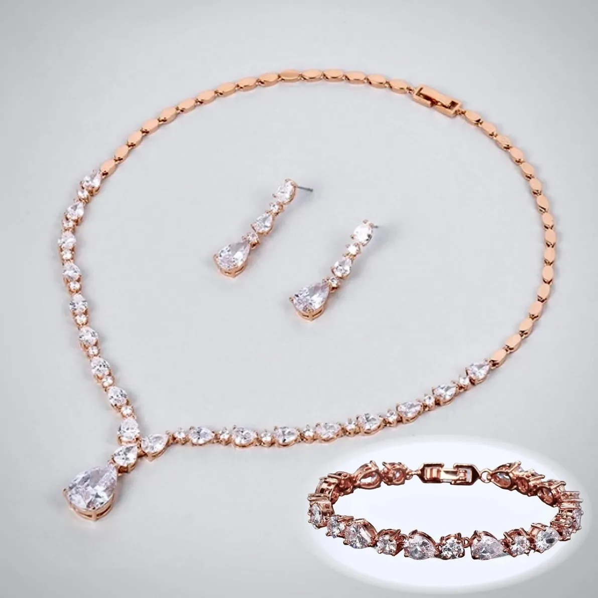 "Colette" - 3-Piece Cubic Zirconia Bridal Jewelry Set - Available in Silver, Rose Gold and Yellow Gold