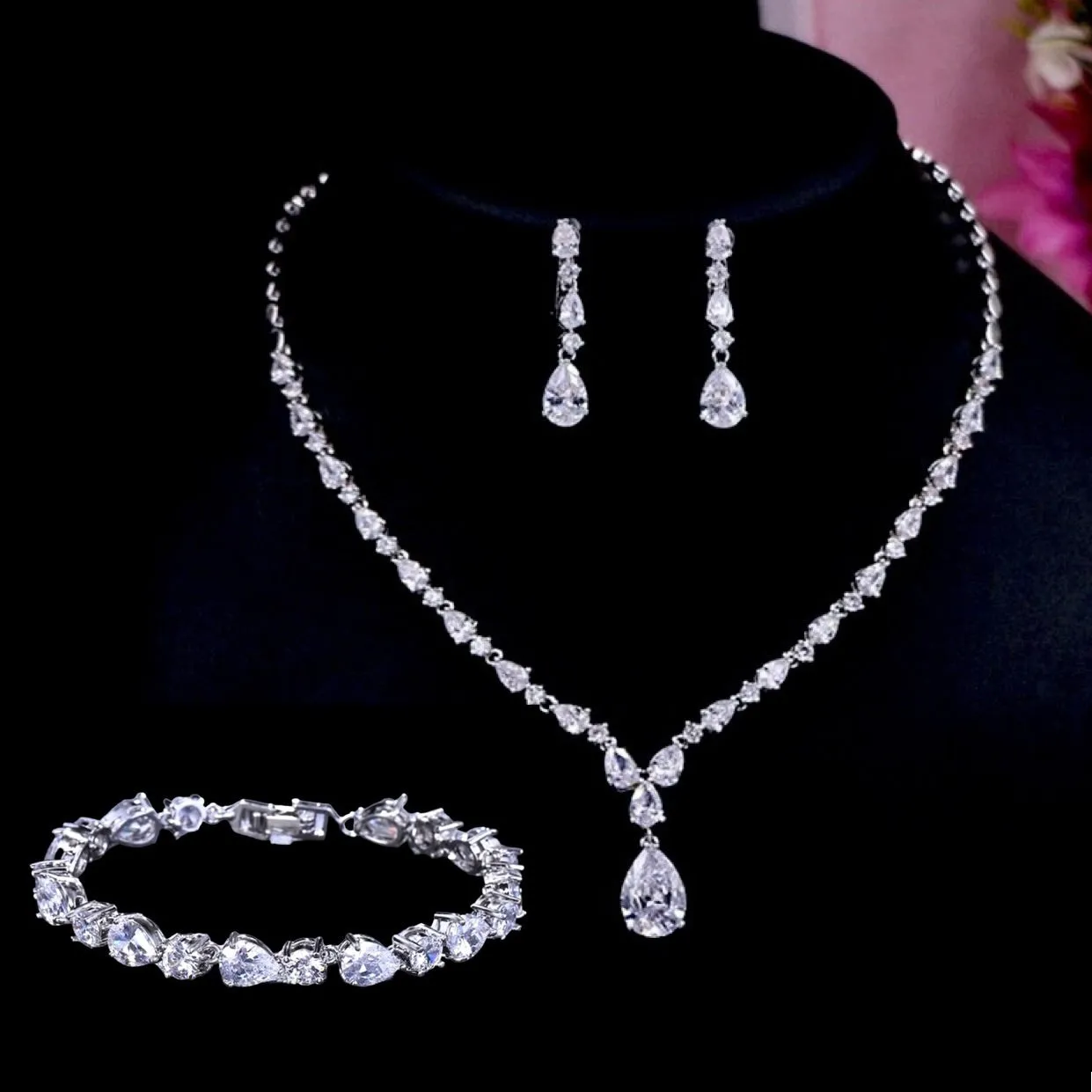 "Colette" - 3-Piece Cubic Zirconia Bridal Jewelry Set - Available in Silver, Rose Gold and Yellow Gold