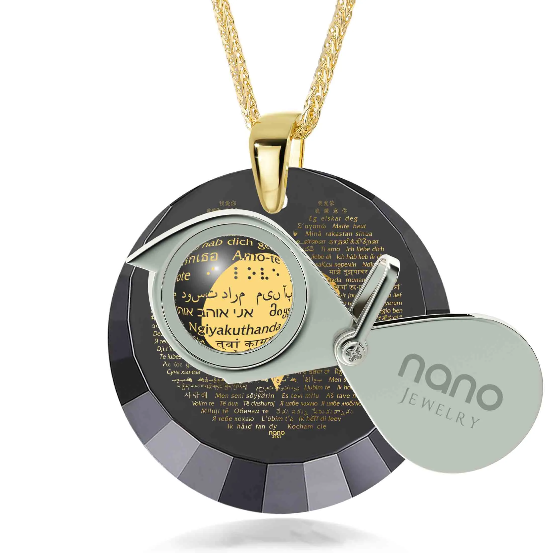 "I Love You" in 120 Languages, 14k Gold Necklace, Zirconia