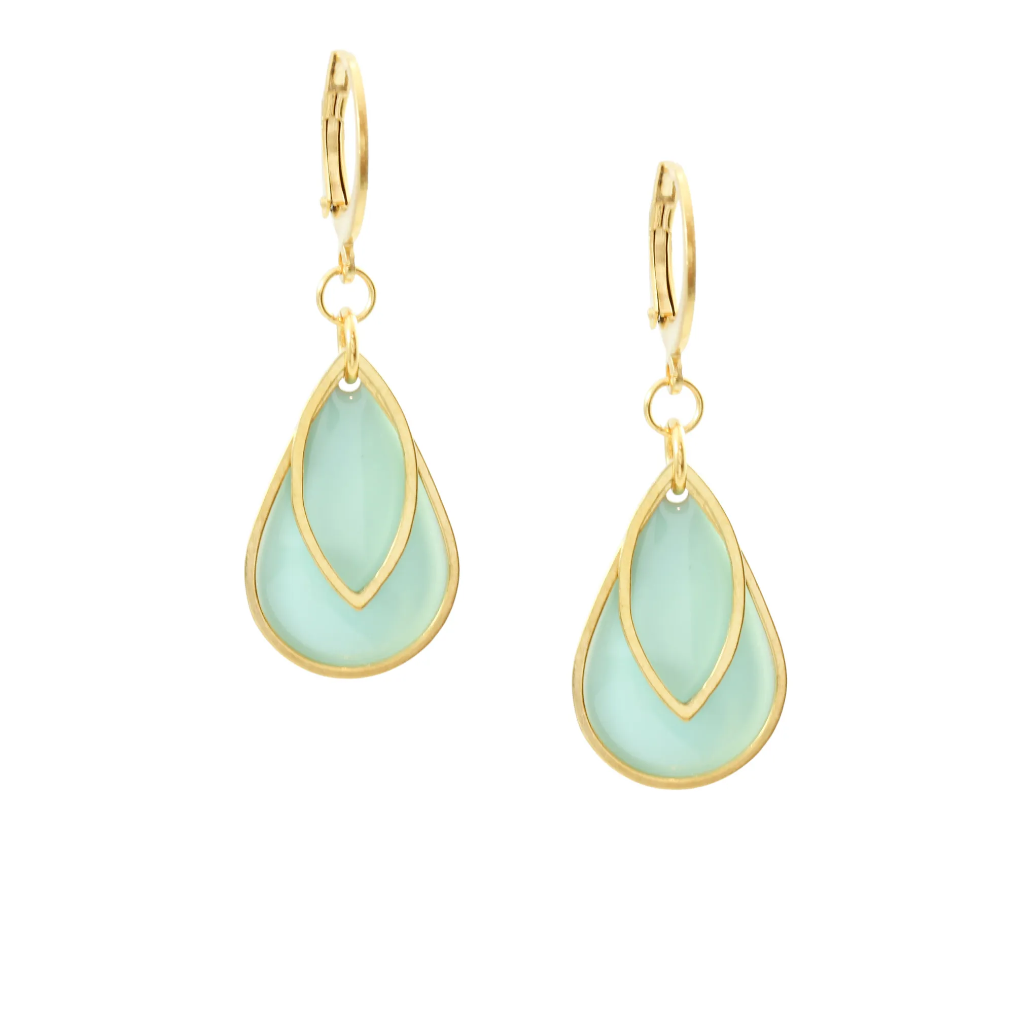 "Le Délice" Waterproof "Imperméable” Aqua Pastel Waterproof Gold Enamel Art Deco Leverback Earrings