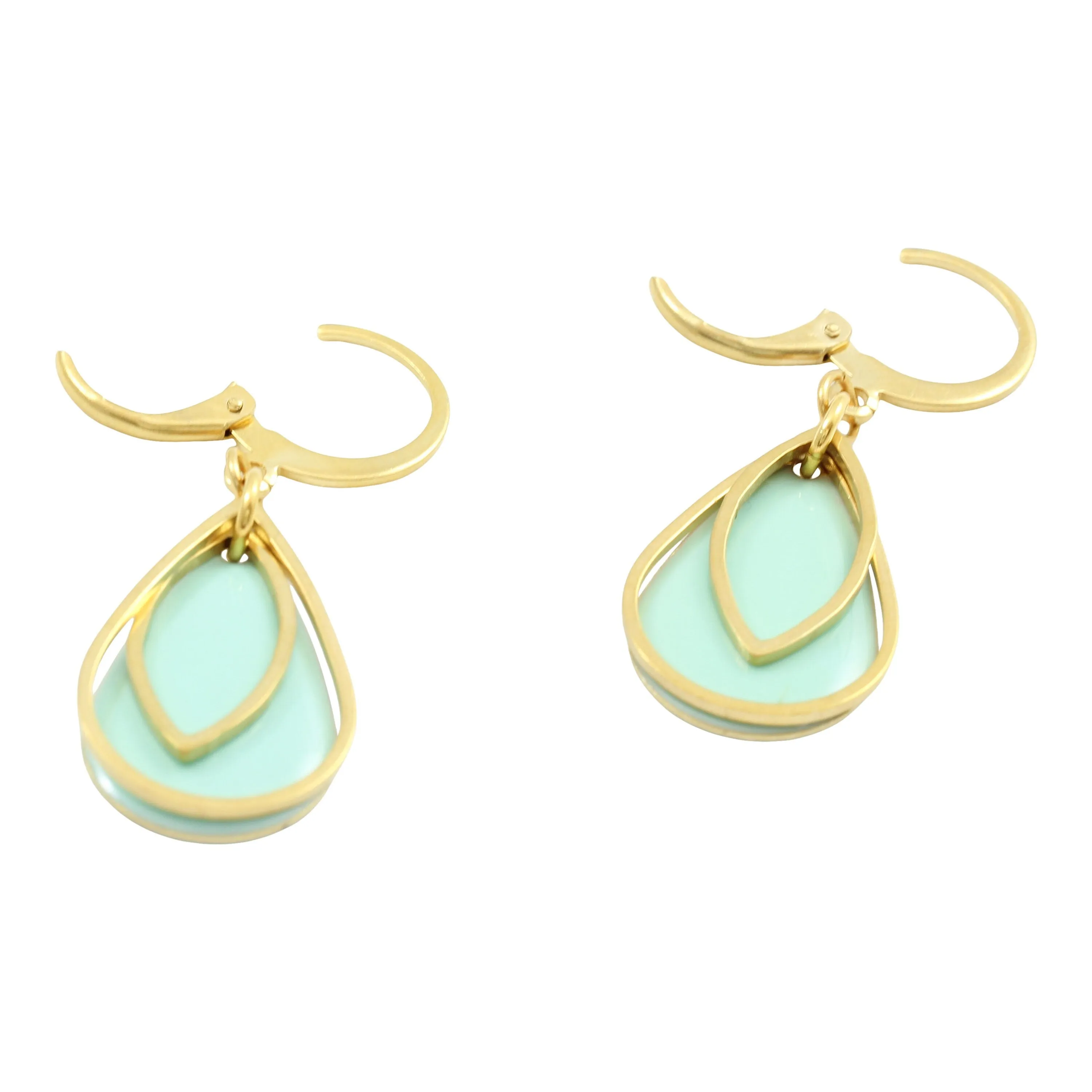 "Le Délice" Waterproof "Imperméable” Aqua Pastel Waterproof Gold Enamel Art Deco Leverback Earrings