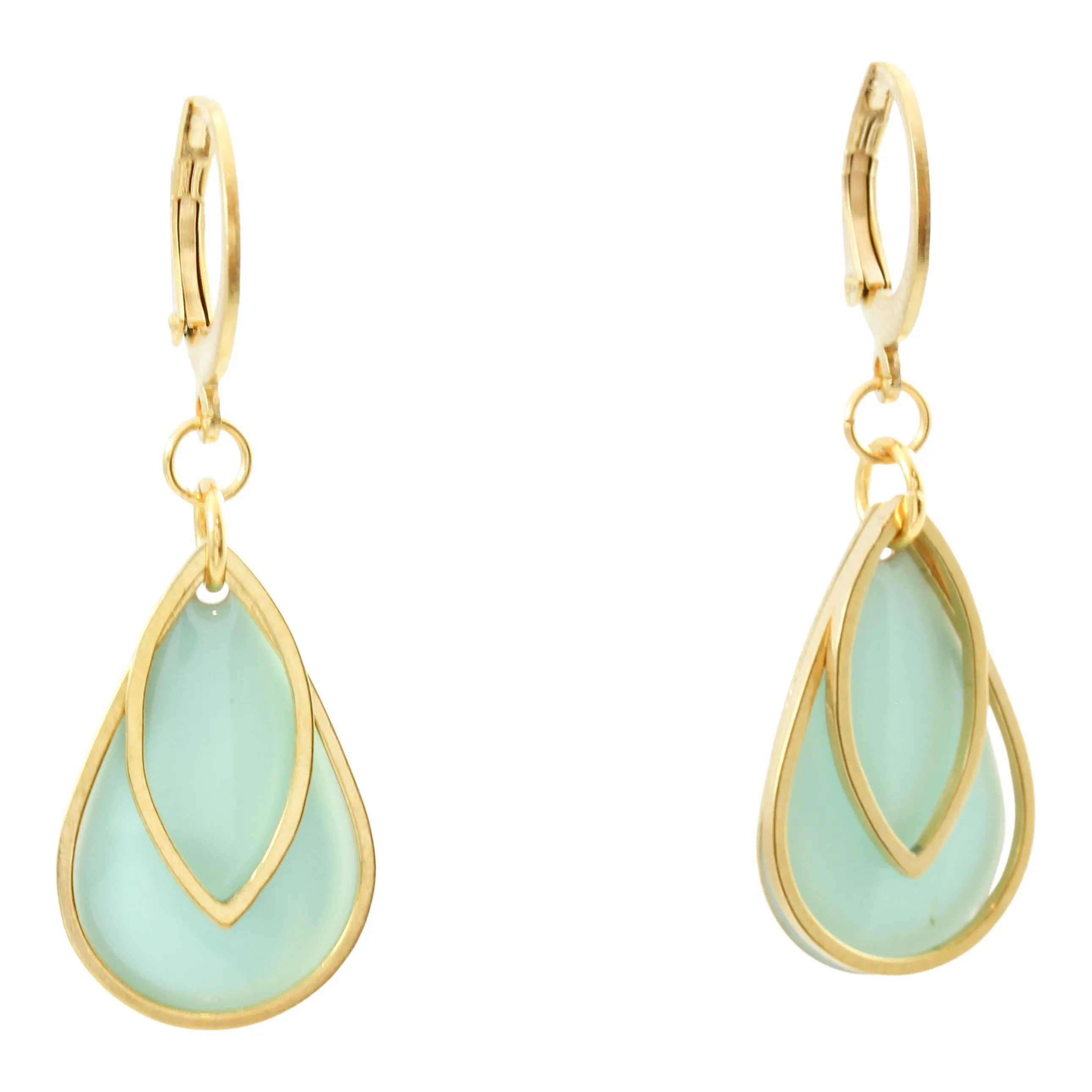 "Le Délice" Waterproof "Imperméable” Aqua Pastel Waterproof Gold Enamel Art Deco Leverback Earrings