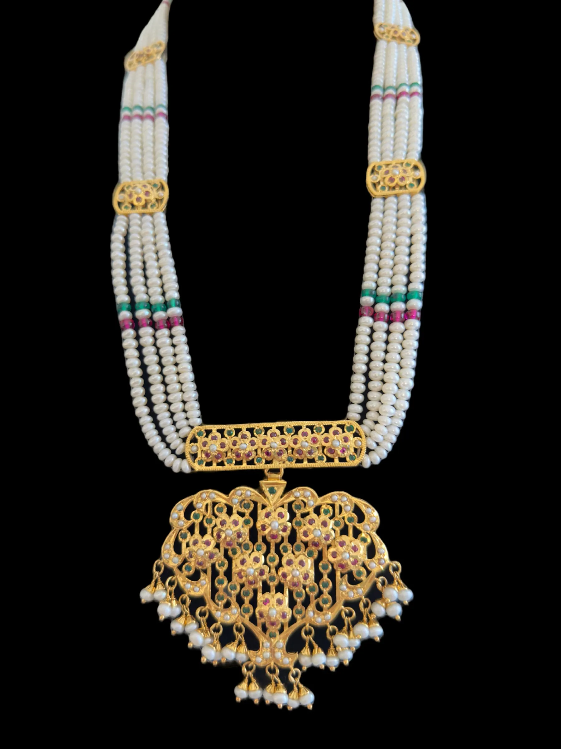 Rani haar in ruby emerald with fresh water pearls - gold plated silver ( READY TO SHIP )