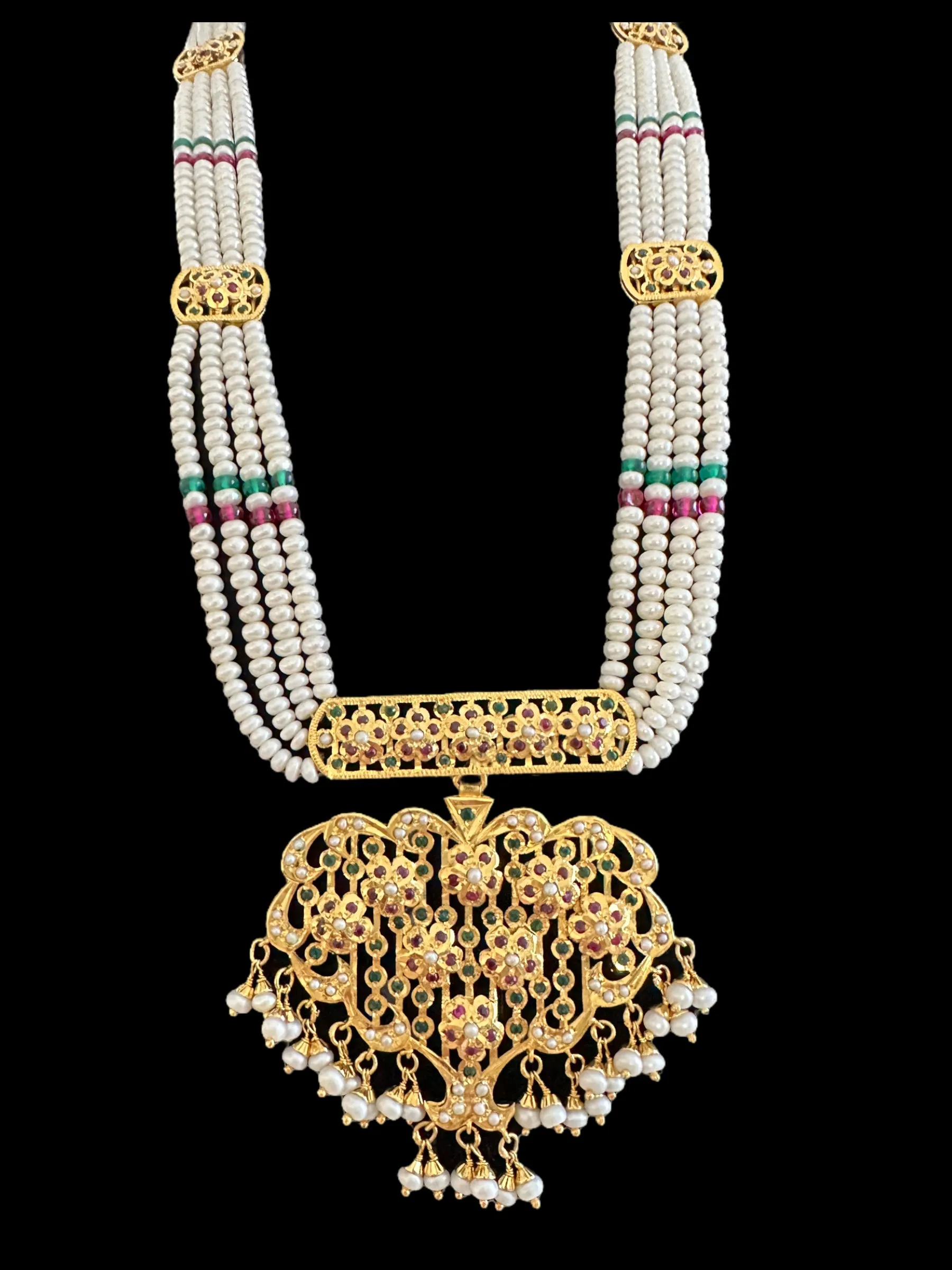 Rani haar in ruby emerald with fresh water pearls - gold plated silver ( READY TO SHIP )