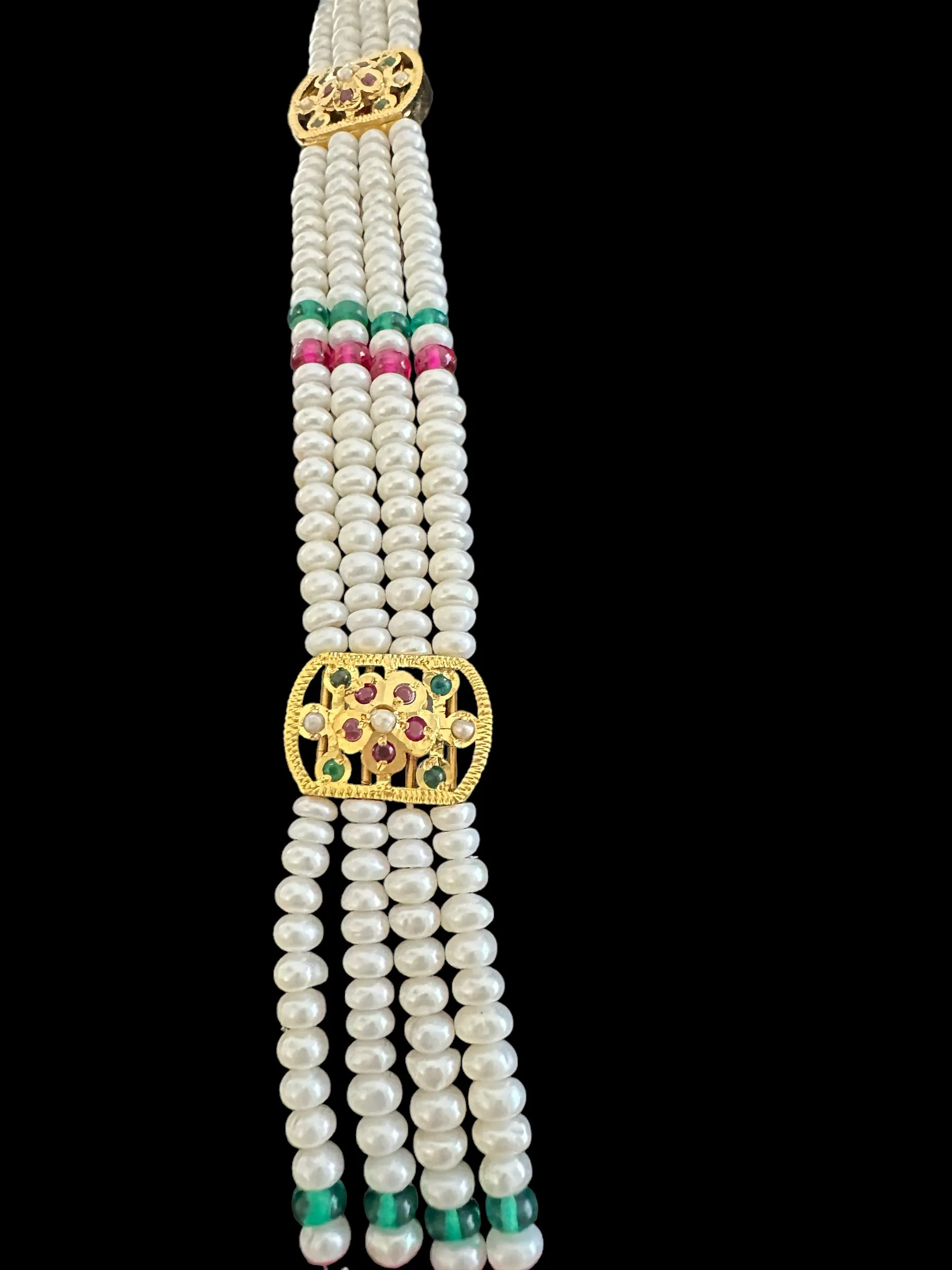 Rani haar in ruby emerald with fresh water pearls - gold plated silver ( READY TO SHIP )