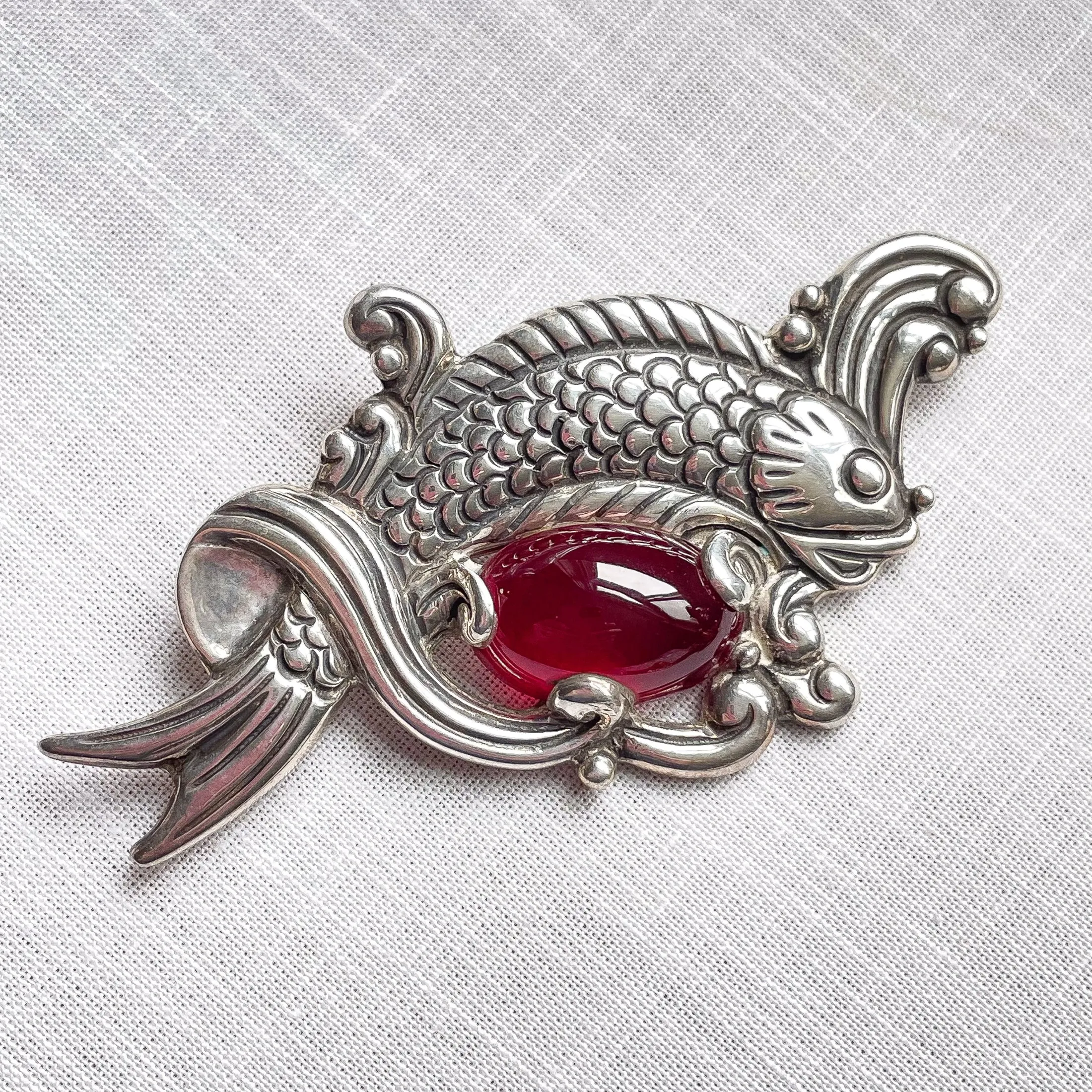 Rare Vintage Los Castillo Brooch Fish in Waves Brooch, Taxco Sterling Brooch #514C