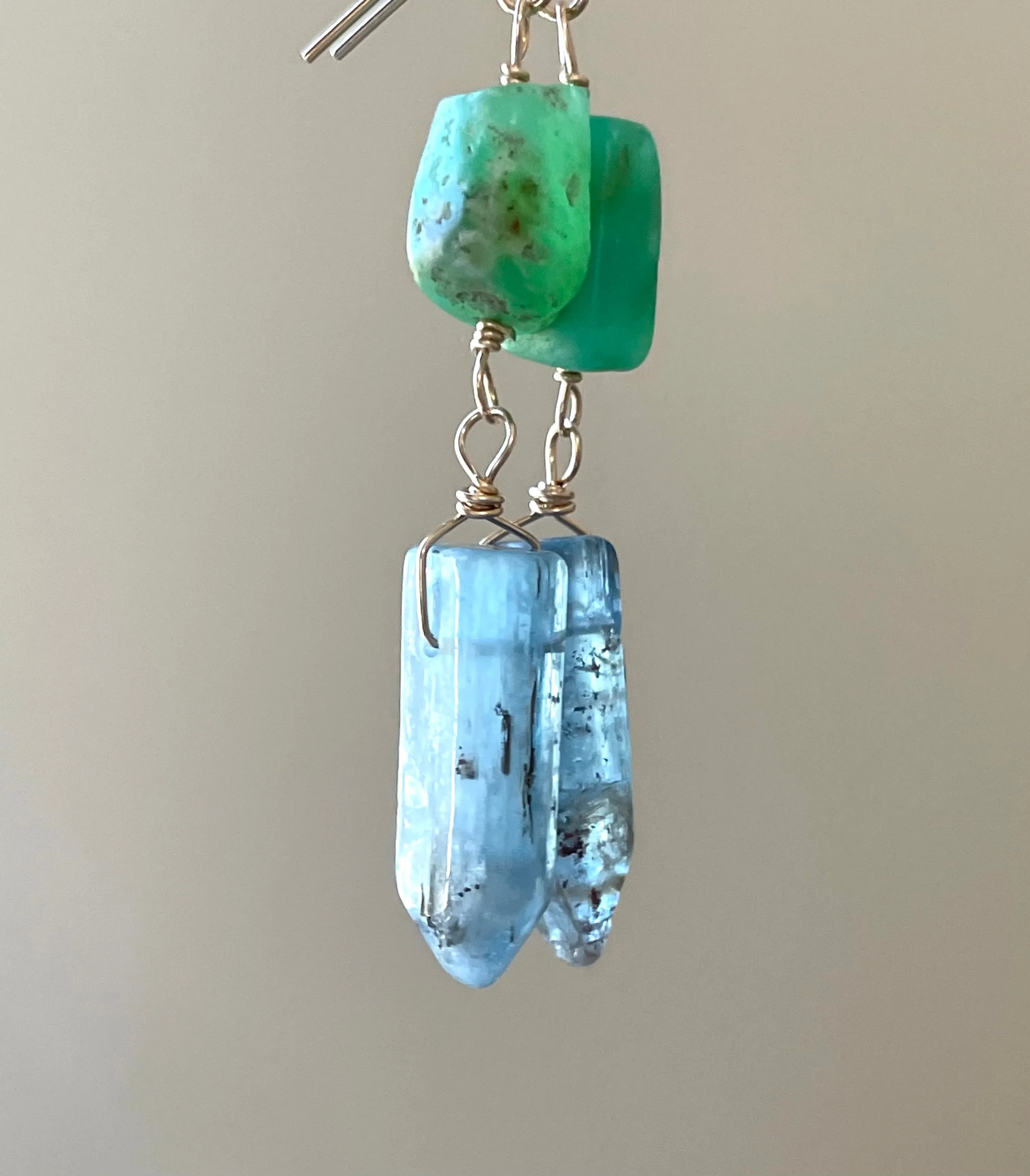 Raw Crystal Earrings - Blue Kyanite Points and Chrysoprase Gold Filled