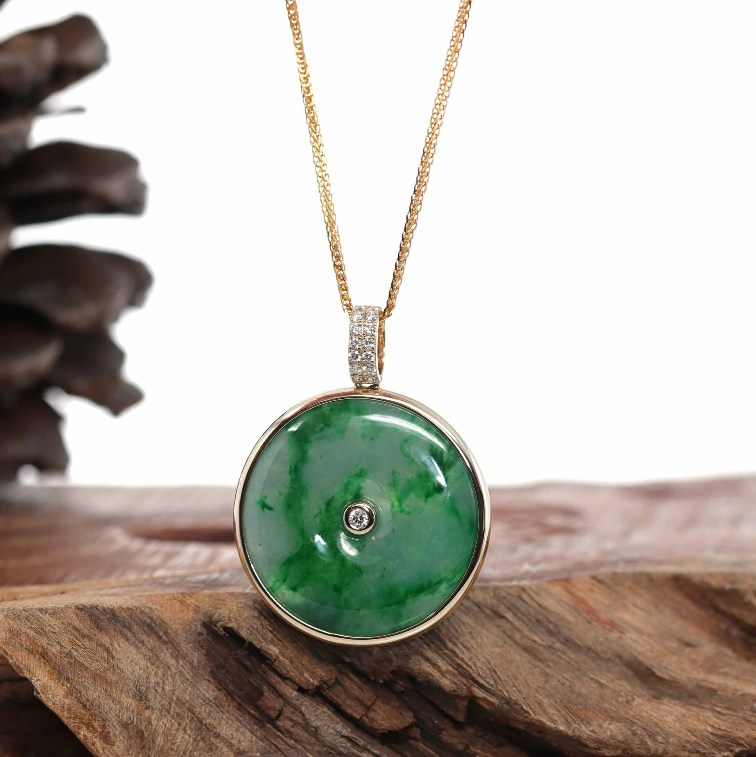 RealJade® Co. 14K Gold "Good Luck Button" Necklace White Jadeite Jade Lucky KouKou Pendant Necklace