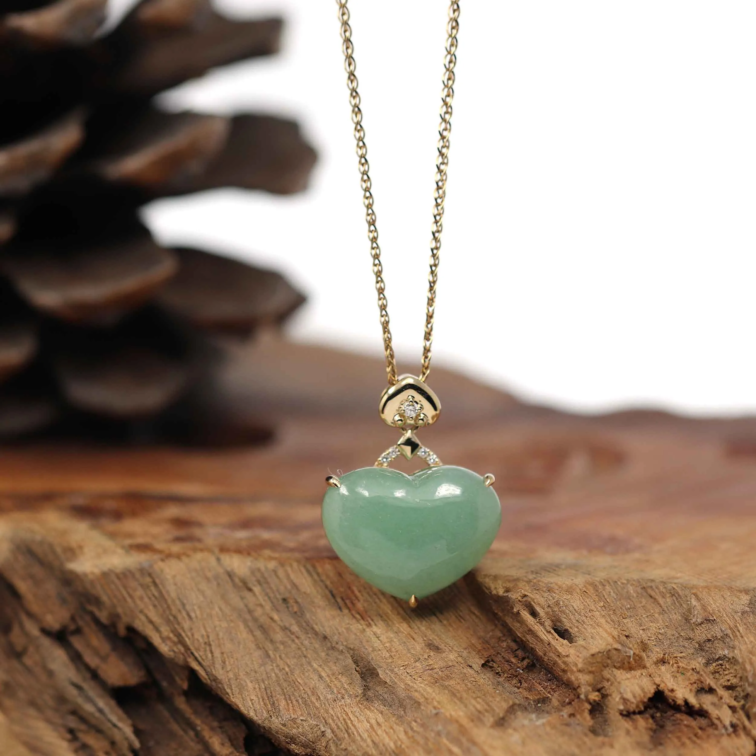 RealJade® Co. 14K Yellow Gold Genuine Burmese Green Jadeite Jade Heart Pendant with VS1 Diamonds