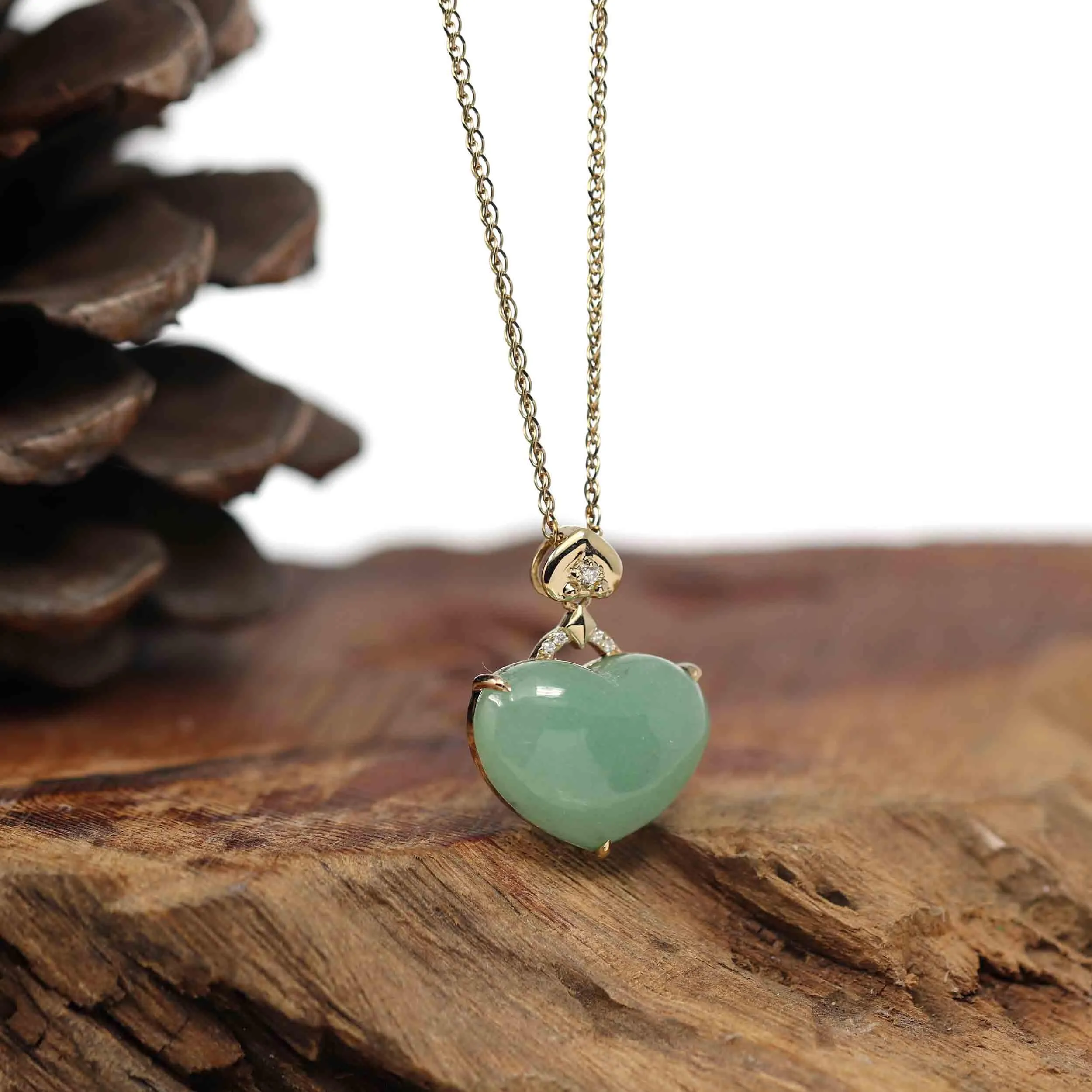 RealJade® Co. 14K Yellow Gold Genuine Burmese Green Jadeite Jade Heart Pendant with VS1 Diamonds