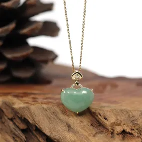 RealJade® Co. 14K Yellow Gold Genuine Burmese Green Jadeite Jade Heart Pendant with VS1 Diamonds