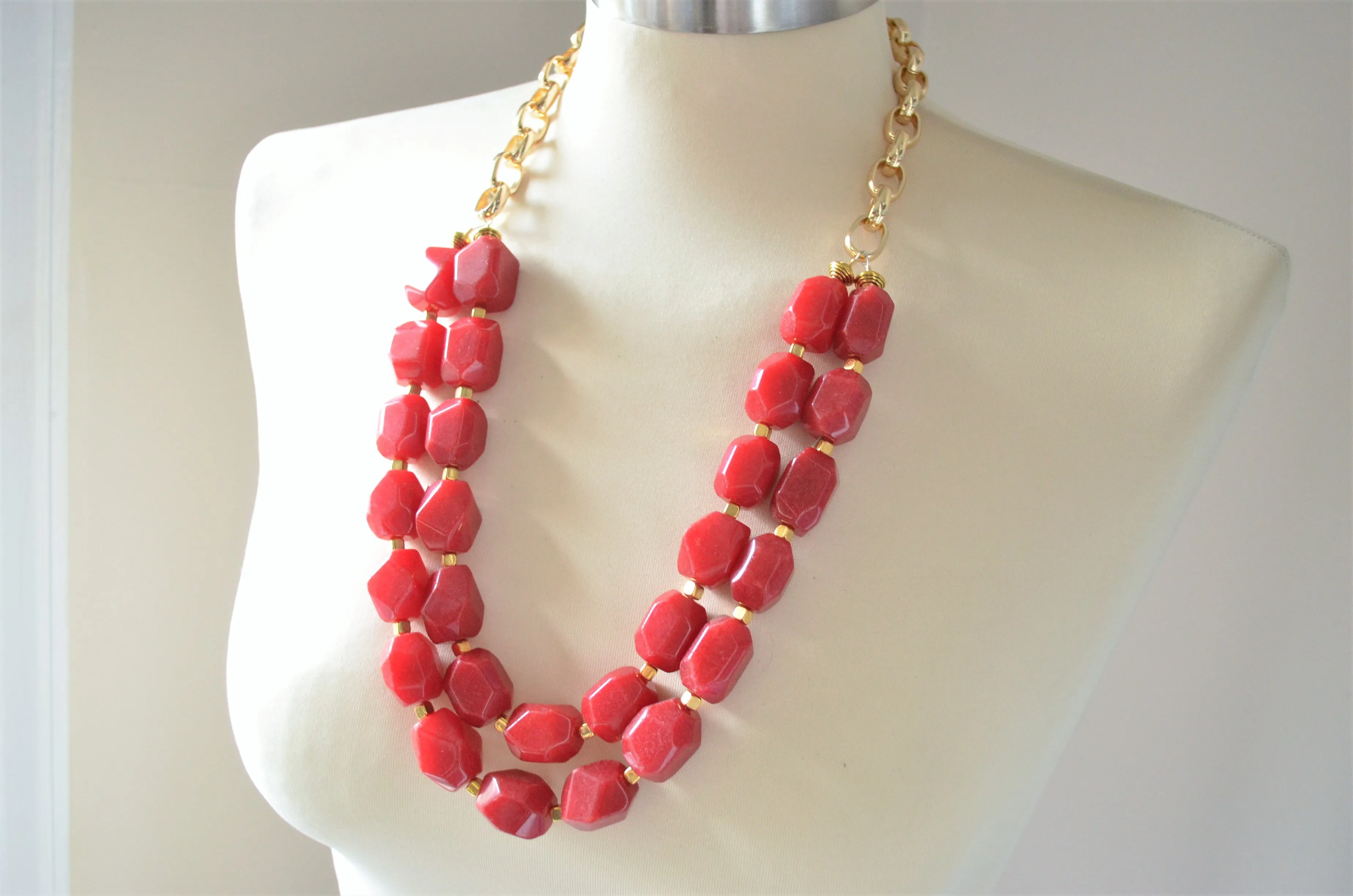 Red Jade Stone Gold Chain Long Beaded Womens Statement Necklace - Savannah