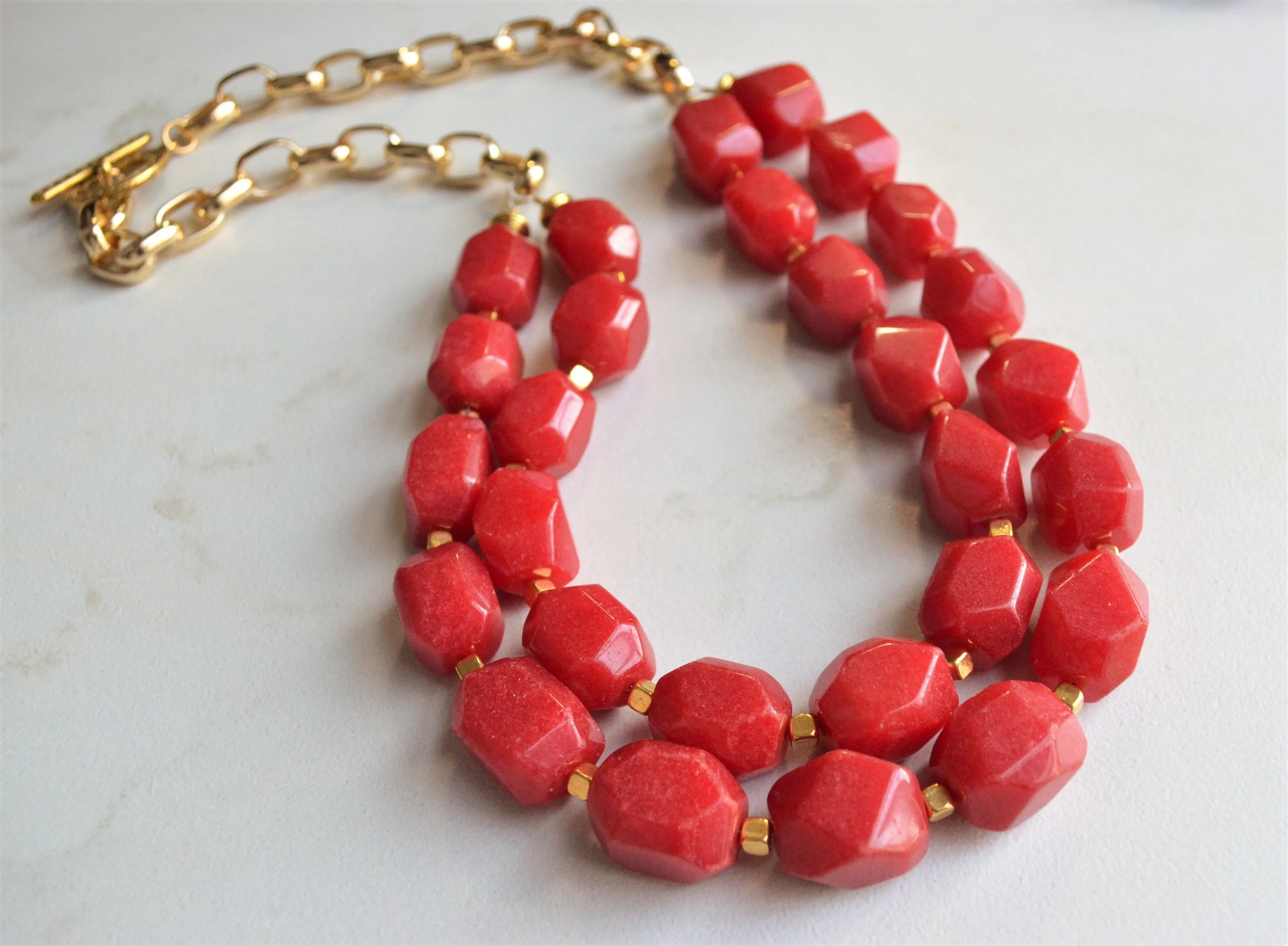 Red Jade Stone Gold Chain Long Beaded Womens Statement Necklace - Savannah