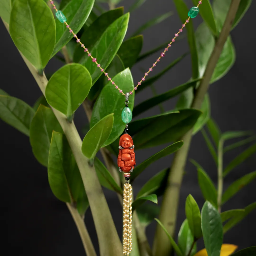 Red Lacquer Happy Monk Necklace with Emerald & Ruby