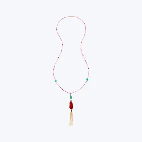 Red Lacquer Happy Monk Necklace with Emerald & Ruby