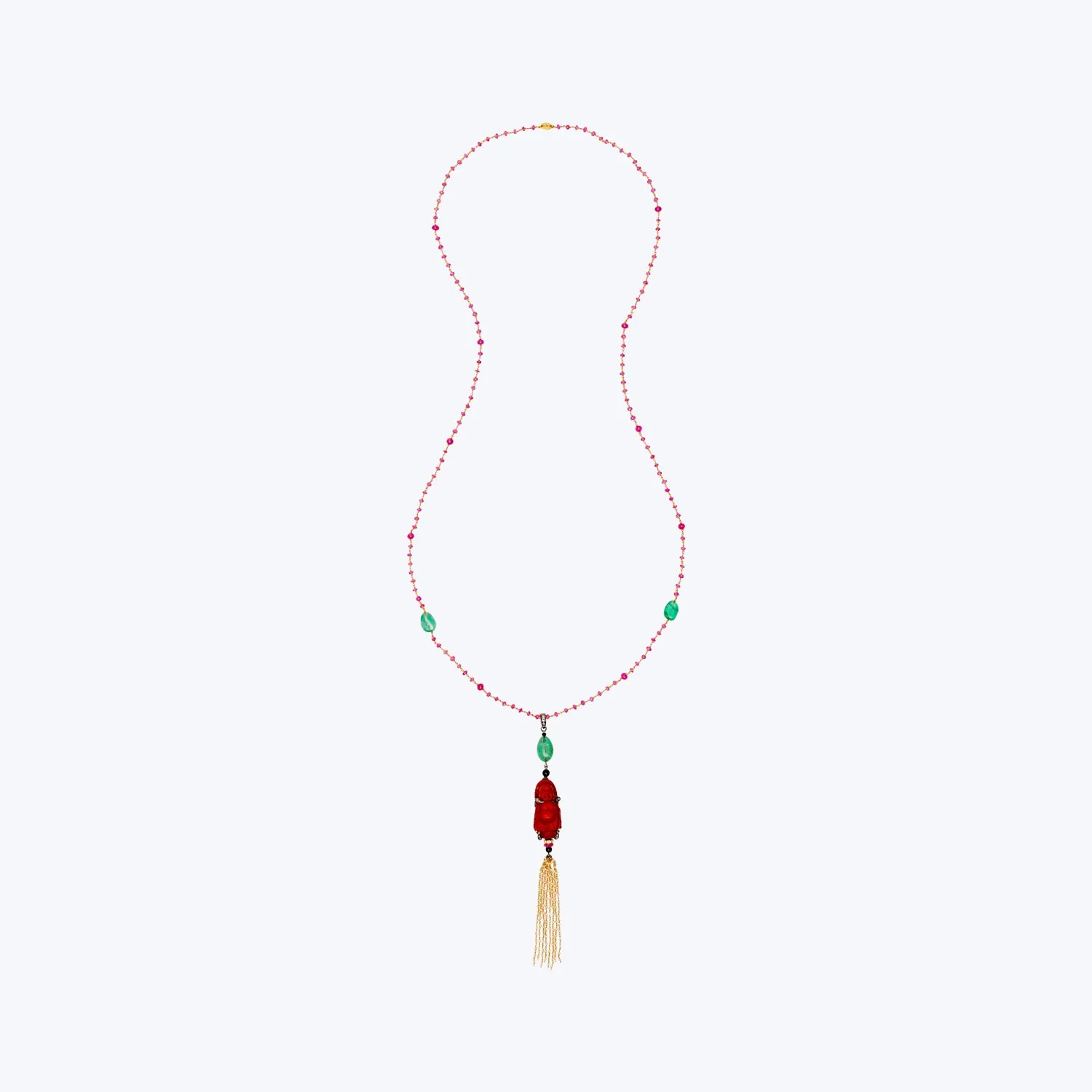 Red Lacquer Happy Monk Necklace with Emerald & Ruby