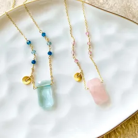 Rose Quartz and Aquamarine Quartz Rock Necklaces