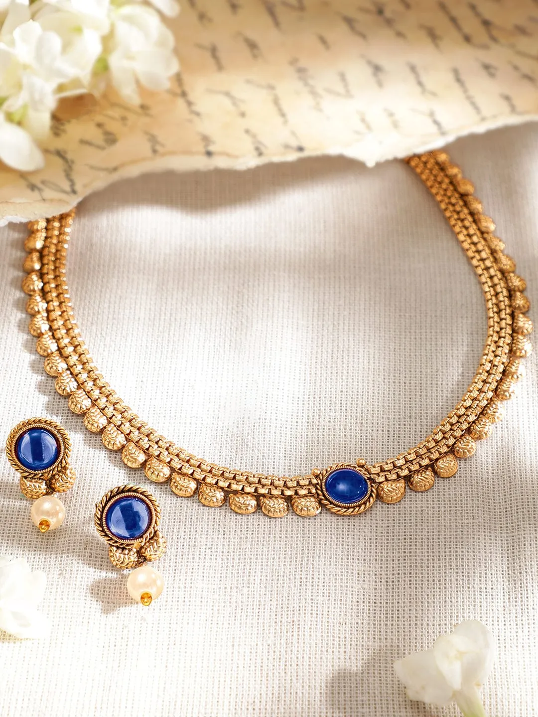 Rubans 22K Gold-Plated Blue Sapphire & Pearl Beaded Traditional Necklace Set