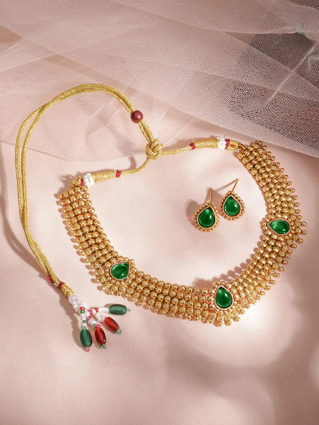 Rubans 22K Gold-Plated Emerald Green Stone Studded Traditional Temple Jewelry Set