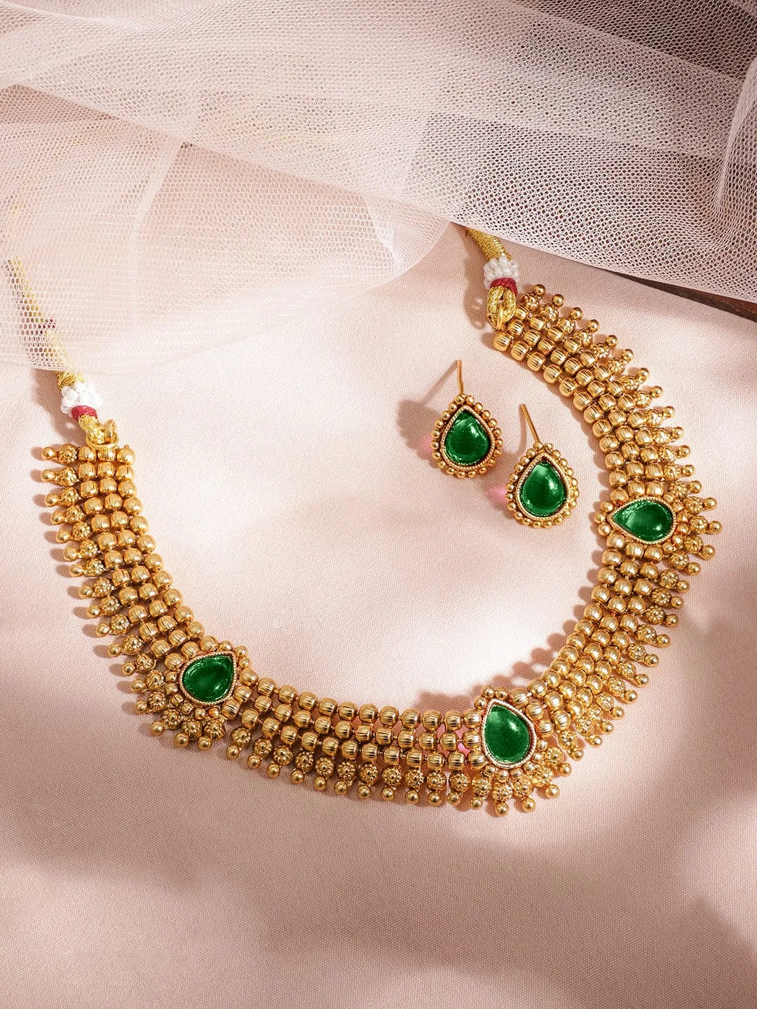 Rubans 22K Gold-Plated Emerald Green Stone Studded Traditional Temple Jewelry Set