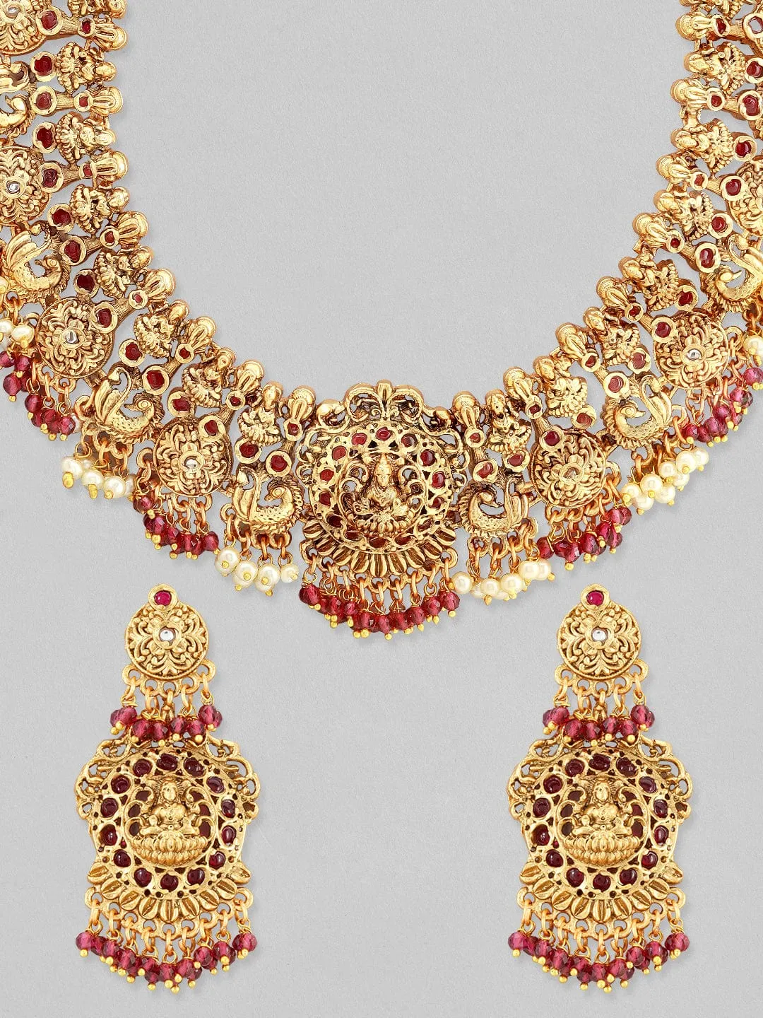 Rubans 24K Gold Plated Temple Necklace Set With Red Beads