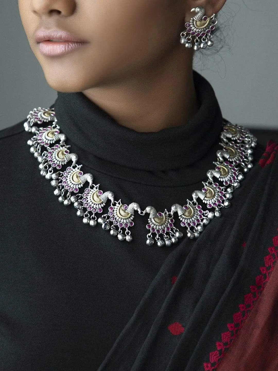 Rubans Oxidised Silver Plated Dual Tone  Faux Ruby Studded Contemporary Peacock Necklace Set