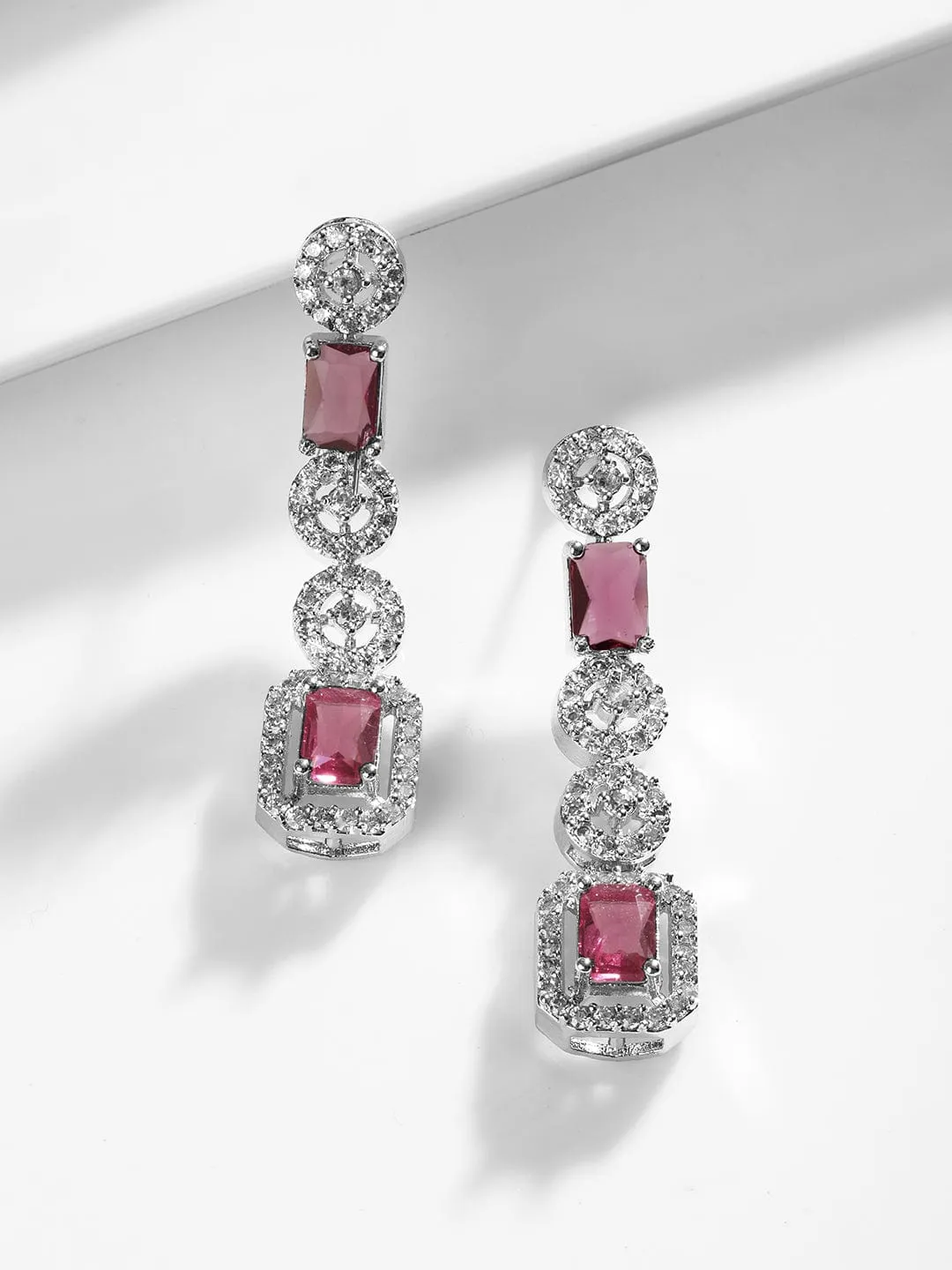 Rubans Rhodium Plated Ruby & Cubic Zicronia Studded Premium Drop Jewellery Set