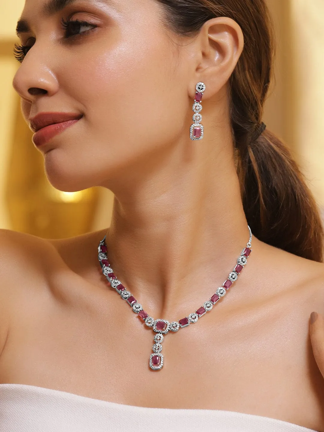 Rubans Rhodium Plated Ruby & Cubic Zicronia Studded Premium Drop Jewellery Set