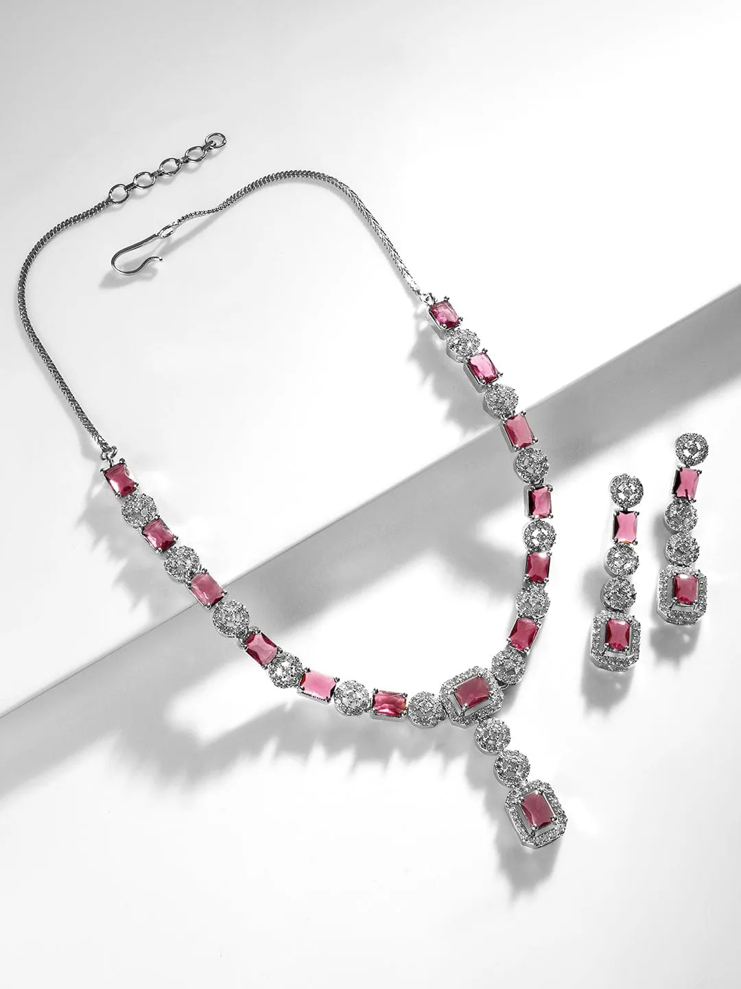 Rubans Rhodium Plated Ruby & Cubic Zicronia Studded Premium Drop Jewellery Set