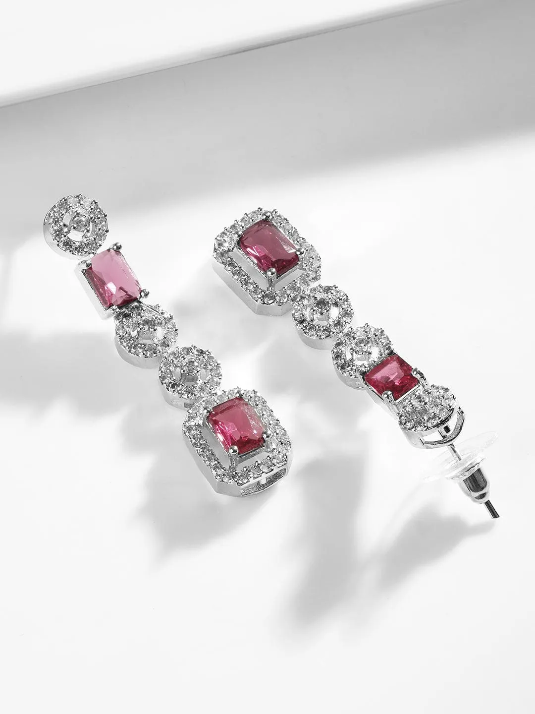 Rubans Rhodium Plated Ruby & Cubic Zicronia Studded Premium Drop Jewellery Set