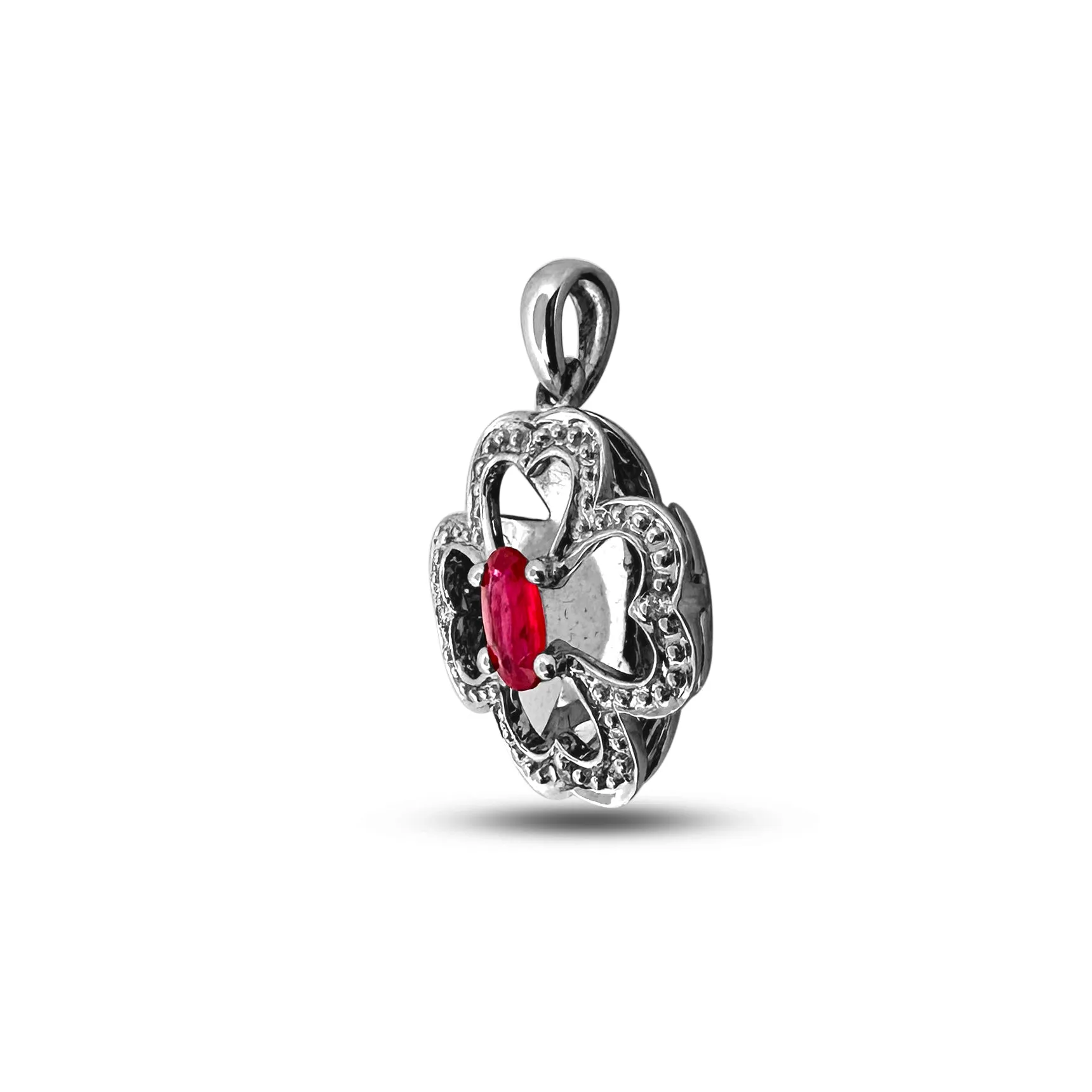 Ruby and Diamond Clover Illusion Pendant Necklace in 14k White Gold