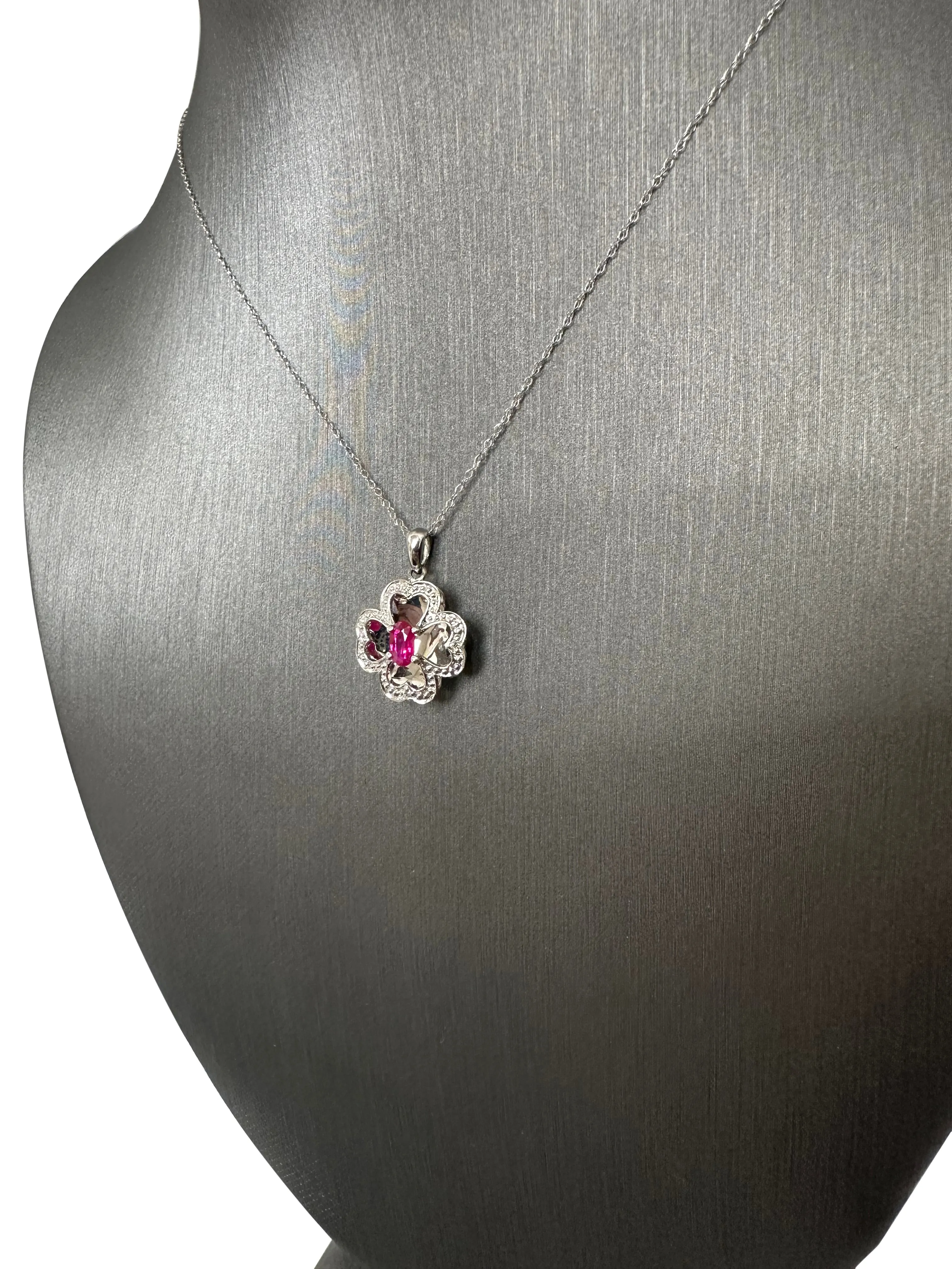 Ruby and Diamond Clover Illusion Pendant Necklace in 14k White Gold