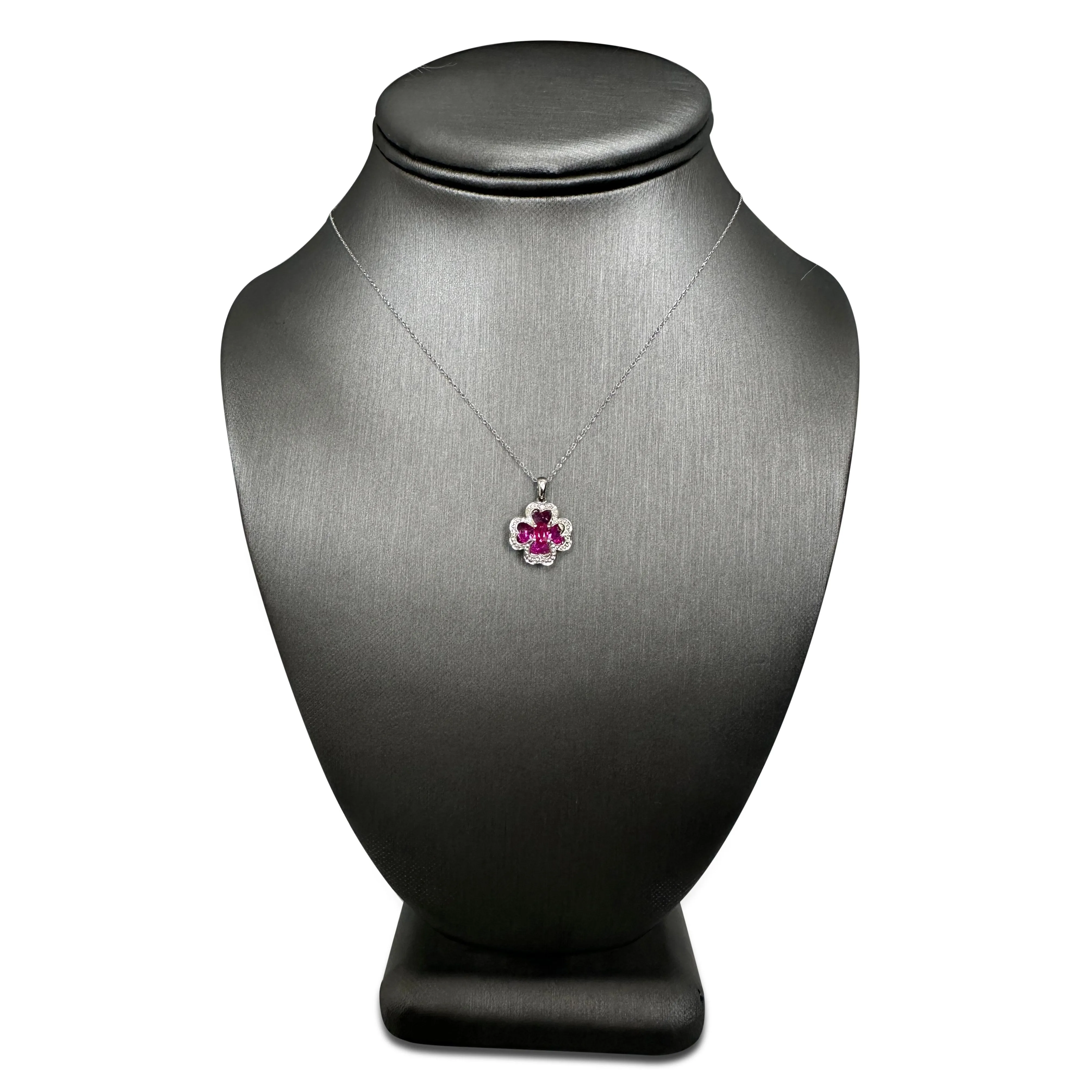 Ruby and Diamond Clover Illusion Pendant Necklace in 14k White Gold