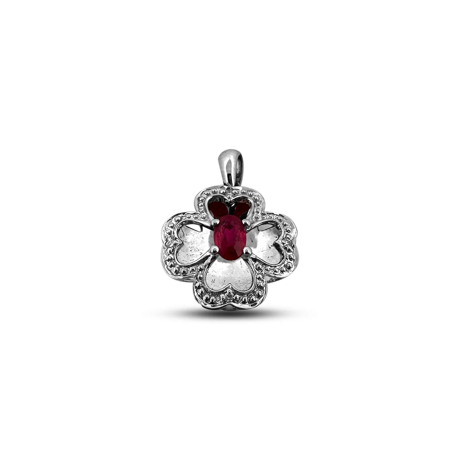 Ruby and Diamond Clover Illusion Pendant Necklace in 14k White Gold